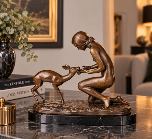Bronze skulptur frau mit reh - reh,